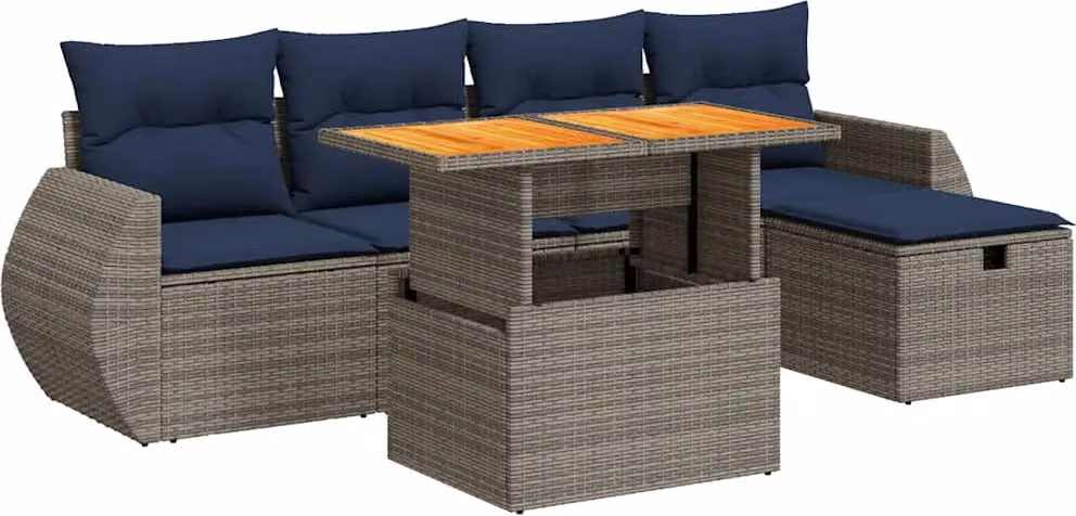 Set Divano da Giardino 6 pz con Cuscini Nero Polyrattan Acacia