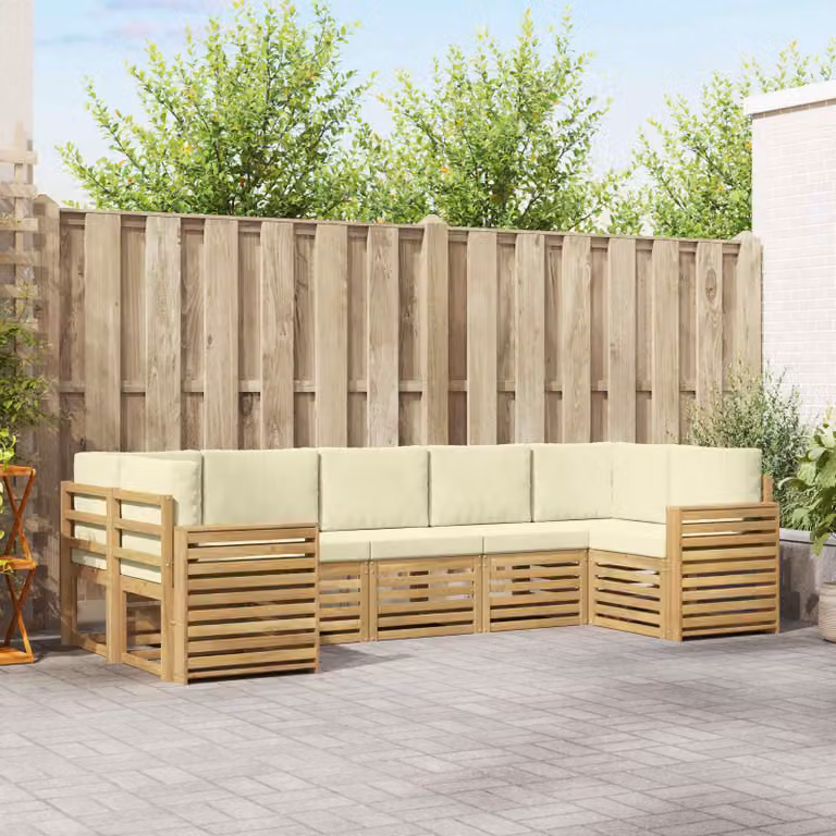 Set di divani da esterno vidaXL a forma di U composto da 7 pezzi in legno di acacia con cuscini bianchi e beige
