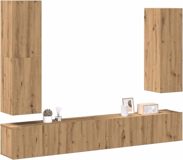 Set Mobile TV 4 pz-Credenza per TV Montato a Parete Rovere in Legno Multistrato 406247