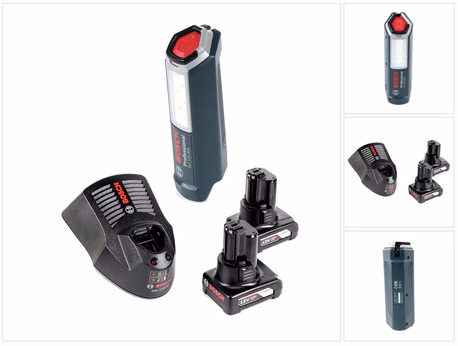 Bosch Professional GLI 12V-300 Torcia a batteria + 2x Batterie GBA 12V 6,0 Ah + Caricabatterie GAL 1230
