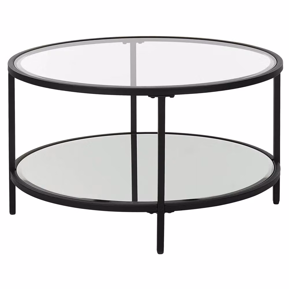 Tavolino rotondo moderno BELIANI con piano in vetro trasparente e struttura in metallo nero, Diametro: 70 cm – 2