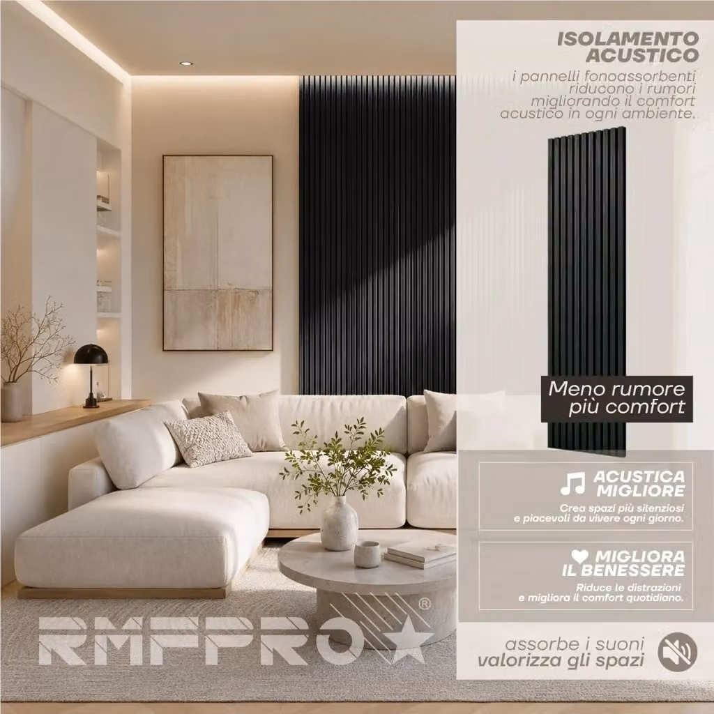 Set di 4 Pannelli Decorativi Parete RMF PRO in MDF con Effetto Legno, Rivestimento Acustico a Listelli Nero, L: 240 cm, H: 60 cm – 2