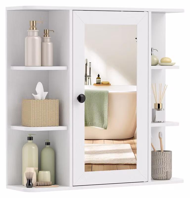 Armadietto da bagno con specchio COSTWAY, armadietto da bagno con specchio, 3 ripiani interni, 6 scomparti aperti e anta singola, armadietto da bagno, armadio a muro, 66 x 16,5 x 63 cm, bianco