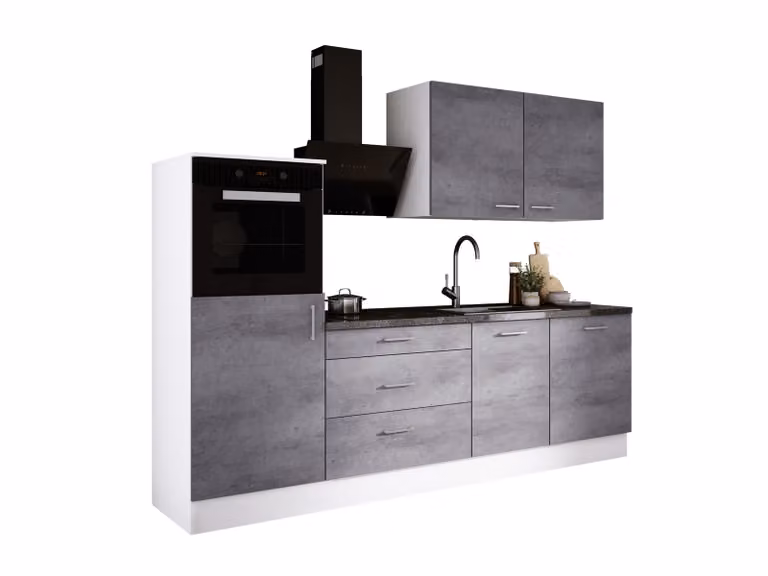 Set da cucina: tre cassetti, cinque ante, otto ripiani, colore: bianco / cemento