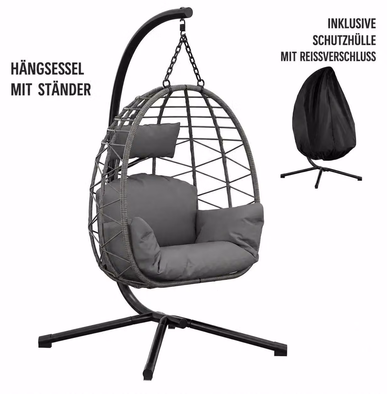 Sedia a dondolo sospesa con struttura - Altalena in rattan a forma di uovo - Autoportante - Con cuscini - 115 x 59,5 cm - Grigia