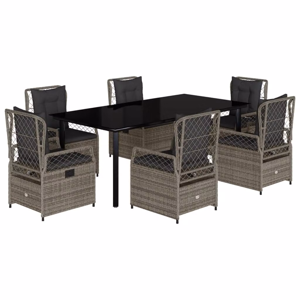 Set da Pranzo da Giardino 7 pz con Cuscini in Polyrattan Grigio