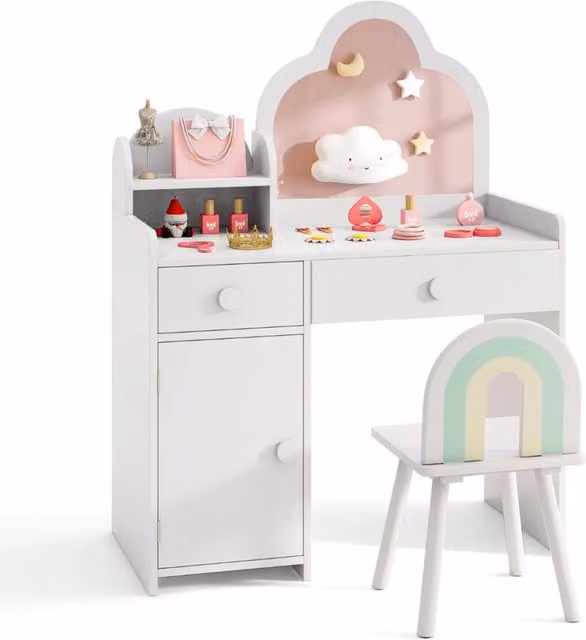 Set toeletta per bambini in legno di pino bianco con specchio a forma di nuvola e altezza regolabile