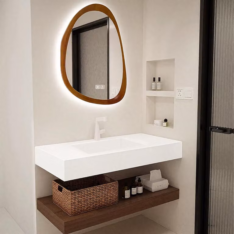 Lavabo in pietra sinterizzata Lavabo moderno da bagno Lavabo sospeso con specchio LED asimmetrico, ripiano 120*55 cm 【C028】