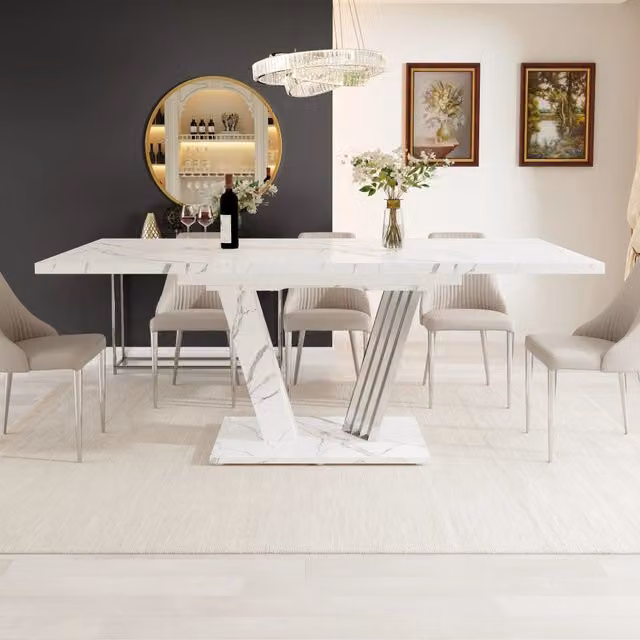 Tavolo allungabile con piano in mdf marmorizzato base a ali e piedi regolabili per cucina e soggiorno 120-160 × 80 × 76 cm
