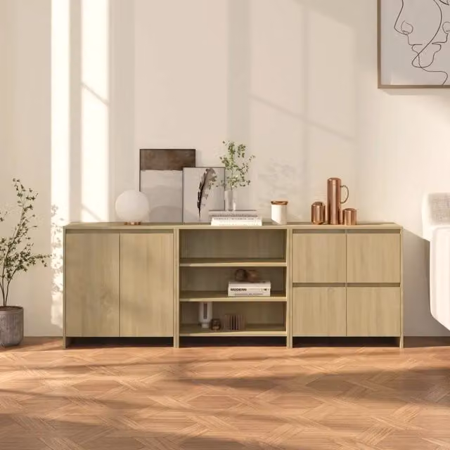 Set di 3 credenze moderne vidaXL in legno multistrato color rovere, beige e marrone, da appendere alla parete per la tua sala da pranzo