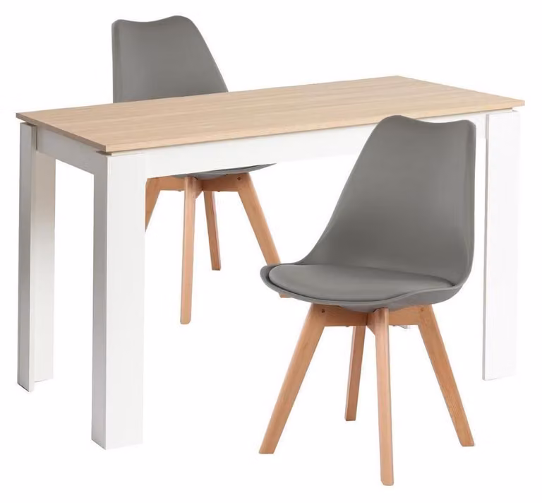 Set da pranzo composto da tavolo rettangolare in legno di quercia e bianco, con 2 sedie, colore grigio, dimensioni 120 cm