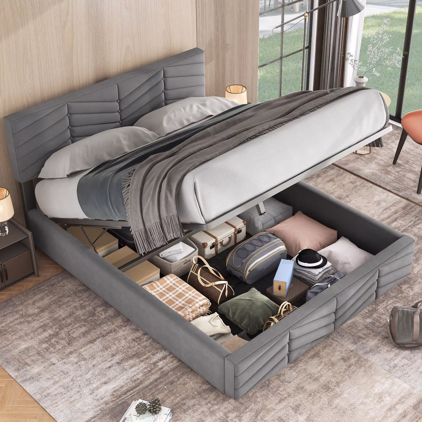 okwish Letto boxspring 140×190 cm con testiera regolabile, letto a scomparsa idraulico con contenitore (senza materasso), letto continentale in stile a righe, grigio