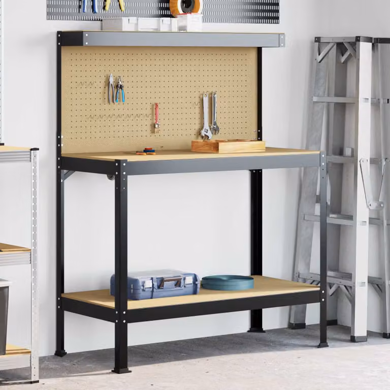 vidaXL Banco da lavoro con scaffale e pannello forato Nero L: 114 cm, P: 54 cm, H: 145 cm