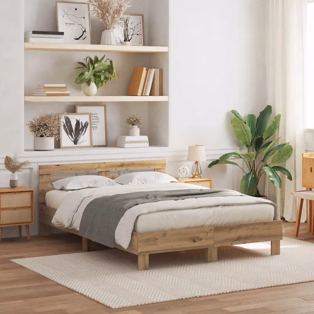 Struttura letto moderna vidaXL in legno color rovere con illuminazione sottostante e porta USB, L/P/H: 160 x 200 x 70 cm