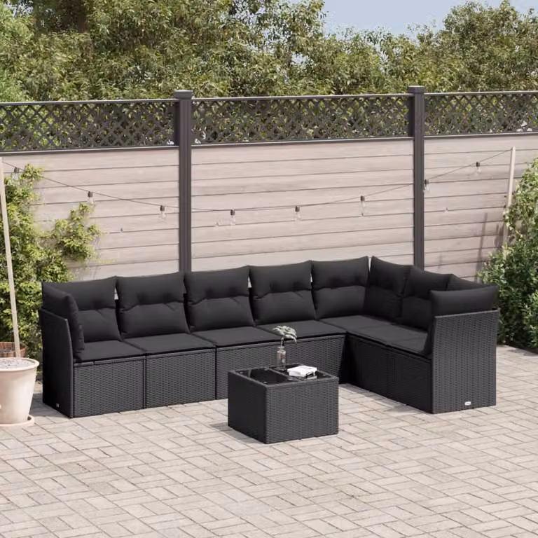 vidaXL Set Divani da Giardino a L con Cuscini 8 pz Nero in Polyrattan e Tavolino in Vetro
