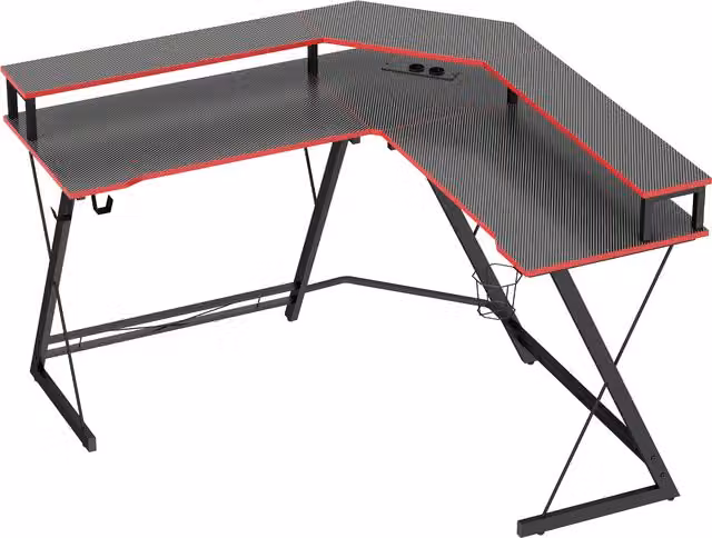 Scrivania Angolare Gaming HOMCOM in MDF Laminato Nero Carbonio con Prese di Corrente