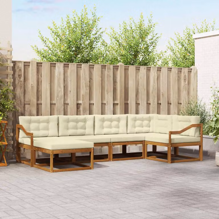Set di divani da esterno vidaXL a forma di L in legno di acacia con cuscini, 6 pezzi, Beige e Bianco