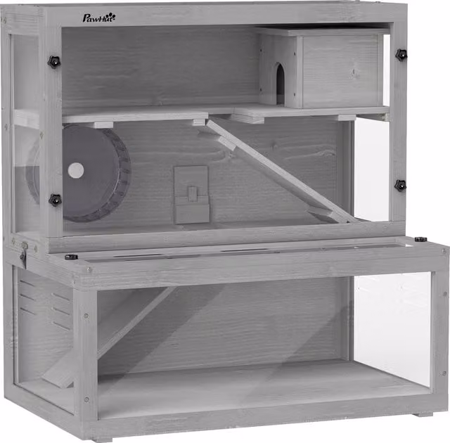 Gabbia per criceti in legno PawHut a 3 livelli con casetta, ruota, rampe e pannello trasparente, Grigio, L 80 cm x P 50 cm x H 84 cm