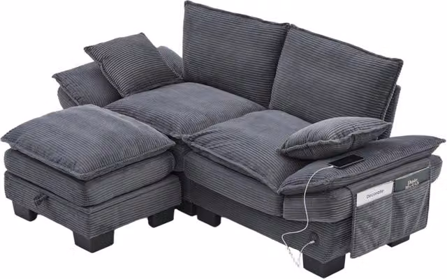 Divano 2 posti con pouf 190x132x84 cm in velluto a coste con USB-C e tasche; grigio scuro