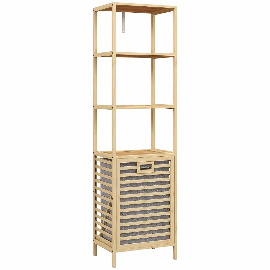 Mobile da Bagno Minimal con Ripiani e Cesto per Biancheria in Bambù, Colore Beige e Marrone, L: 44 cm, P: 33 cm, H: 160 cm – 2