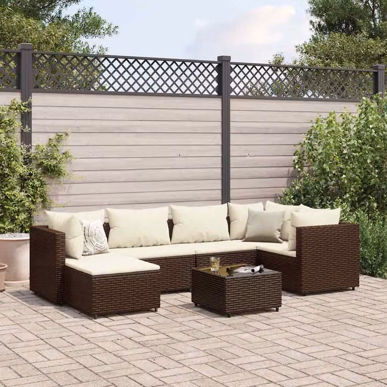 Set di Divani da Giardino vidaXL 7 pz con Cuscini e Tavolino in Polyrattan Marrone e Bianco