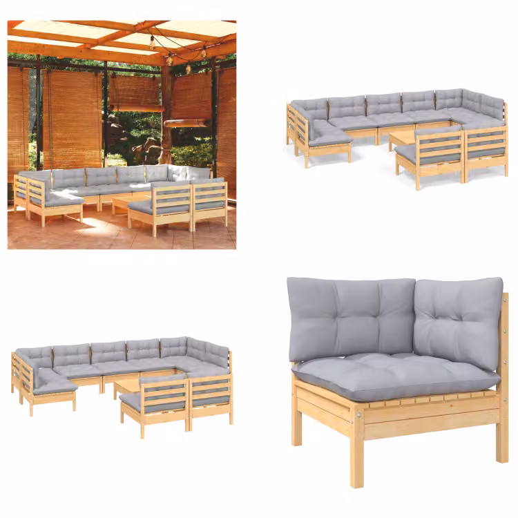 vidaXL Set salotto da giardino 10 pezzi con cuscini grigi in pino massiccio - Set salotto da giardino - Set salotto da giardino - Set mobili da giardino - Set mobili da giardino