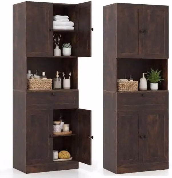 Mobile Bagno a Colonna in Legno 171,5 cm, Armadietto Salvaspazio con 4 Ante, Cassetto e Ripiano Regolabile, Marrone Caffè