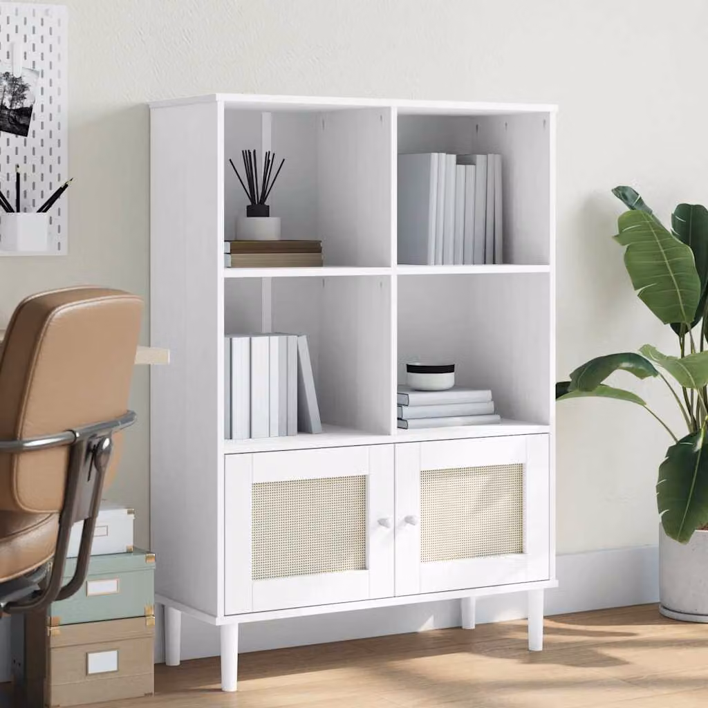 Credenza vidaXL SENJA in legno di pino massello con aspetto rattan bianco, L 90 cm, P 35 cm, H 130 cm