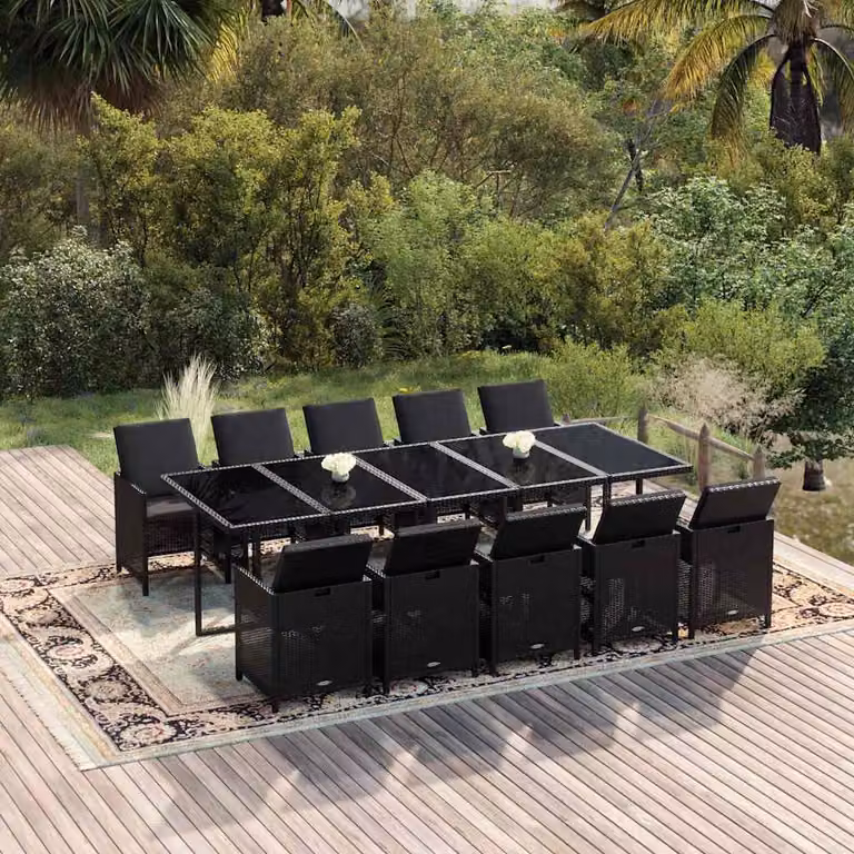 Set da pranzo da giardino moderno vidaXL in polyrattan nero con 11 pezzi e cuscini e tavolo in vetro rettangolare