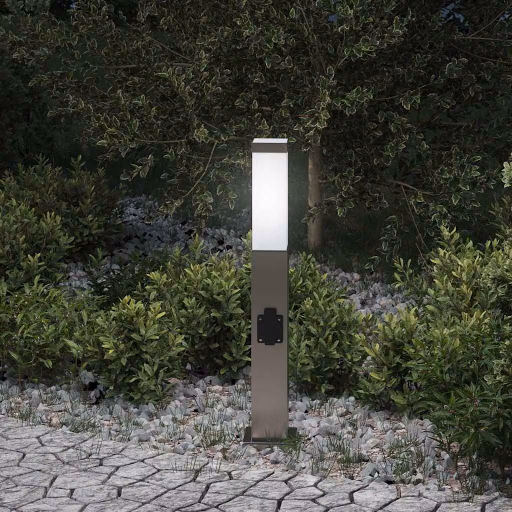 vidaXL Lampada a paletto con presa elettrica in acciaio inox color argento, IP44, Altezza: 50 cm