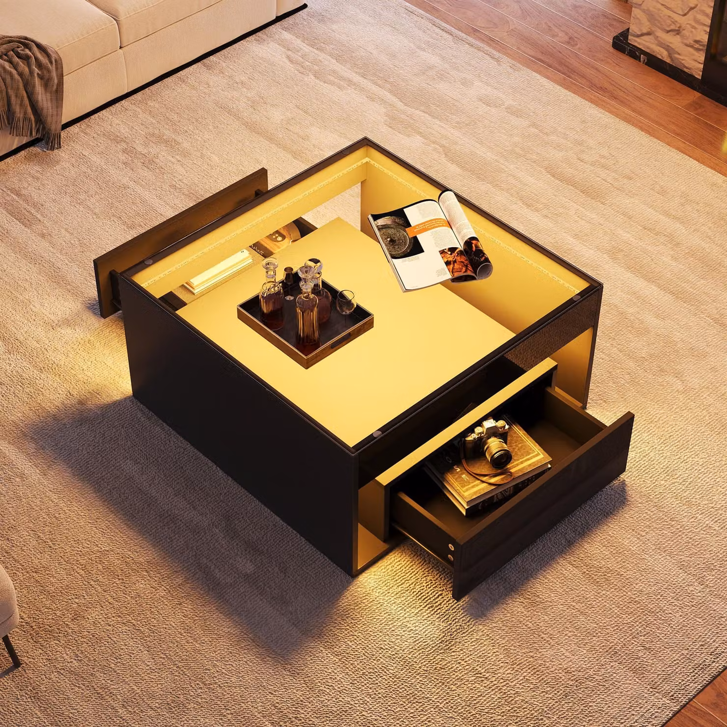 okwish Tavolino da salotto lucido con LED e vetro temperato, tavolino con 2 cassetti e scomparto centrale aperto, nero, 70×70×35 cm