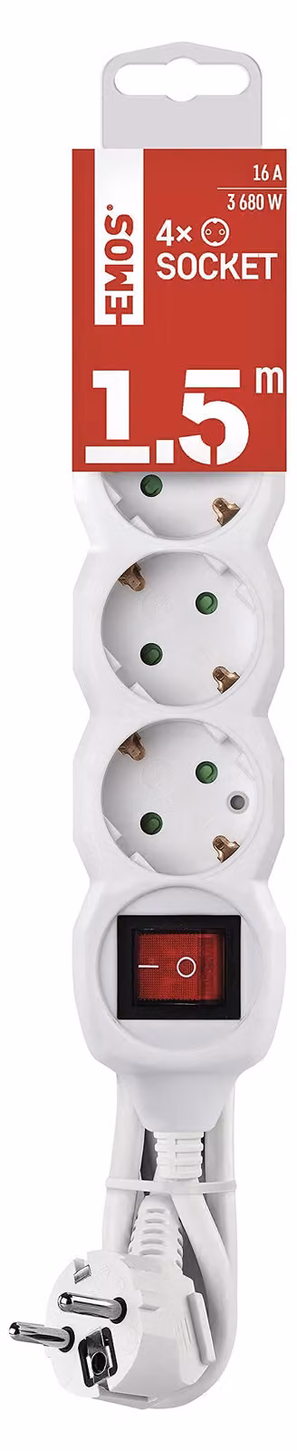 Presa EMOS a 4 vie con interruttore, 150 cm di cavo 1,5 mm2, bianco, prese ruotate di 45°, Schuko con protezione tattile avanzata, per uso interno, P1421R
