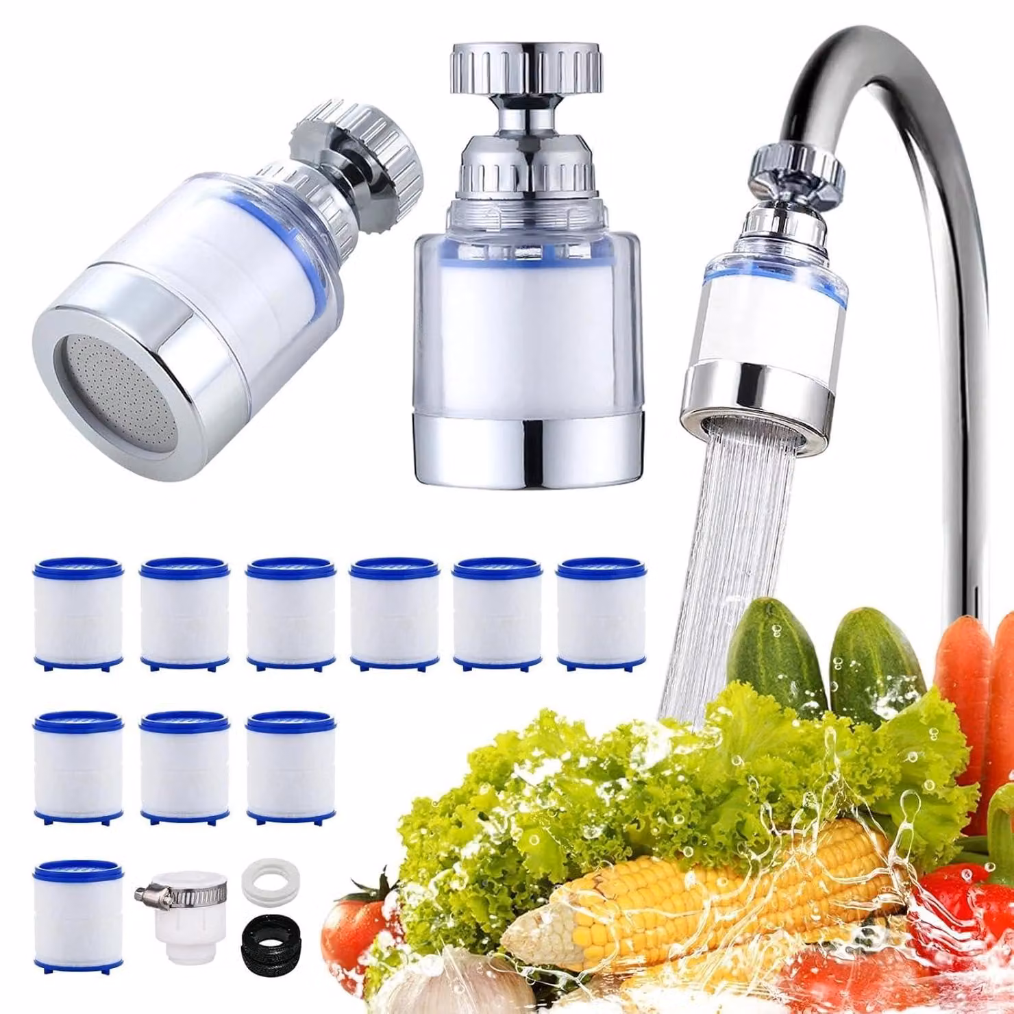 Filtri anticalcare - Set di 2 - Per rubinetto - Rotazione a 360° - Purificatore d'acqua con 10 elementi filtranti in cotone PP - Adatto per cucina, bagno e acqua potabile