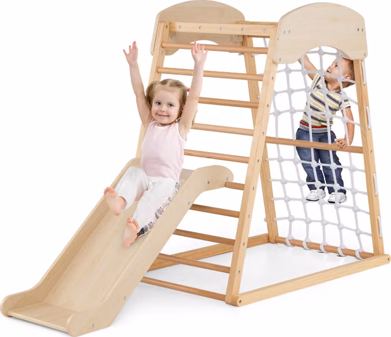 Struttura per arrampicata indoor COSTWAY, barra di trazione 4 in 1, scivolo, rete di arrampicata e scala, parco giochi per bambini a partire da 1 anno Natura