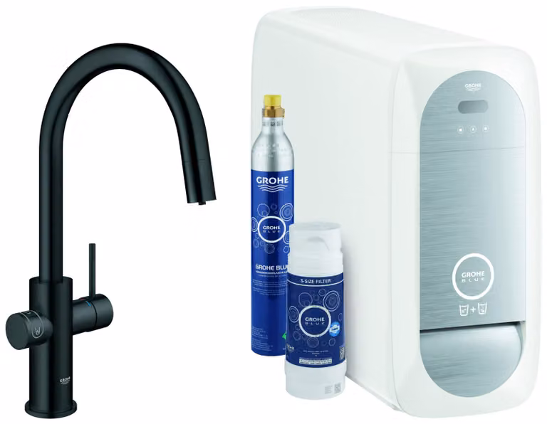 Grohe Blue Home Mitigeur monocommandé pour évier Starter Kit, portée 219mm, bec en C, avec fonction filtre et refroidissement, extractible, 31541KS0, 31541KS0