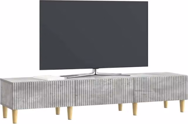 Mobile TV moderno in legno con cassetto e vani porta media, colore Grigio Cemento, L 147 x P 34,5 x H 30 cm