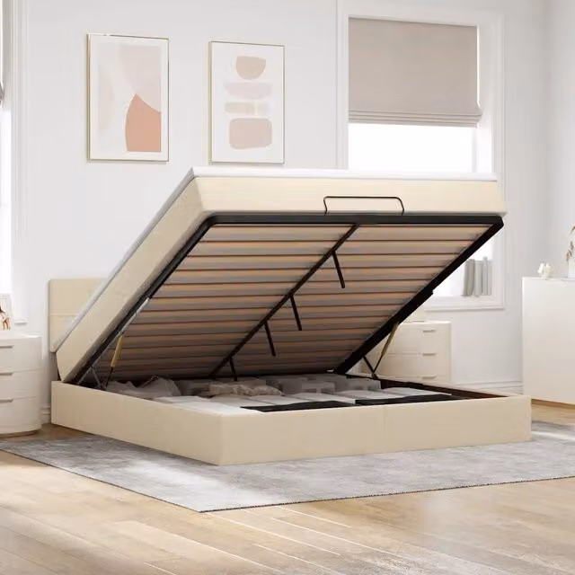 Letto con contenitore a sollevamento vidaXL in tessuto beige e bianco con illuminazione sottostante e porta di ricarica USB L: 180 cm, P: 200 cm, H: 203 cm – 1