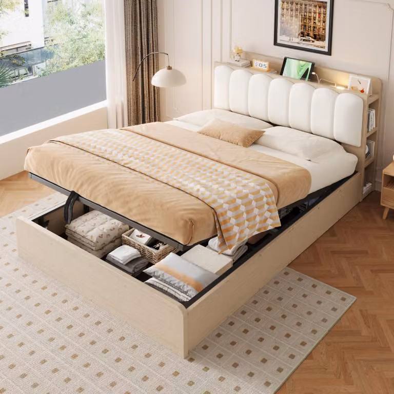 Letto matrimoniale MODFU 140x200 con materasso, testiera e spazio contenitore, letto imbottito con sistema idraulico, letto a piattaforme per ragazzi con luci LED e prese USB, finitura in legno