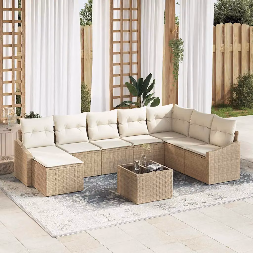 Set di divani da giardino vidaXL a forma di U, 9 pezzi, Beige con cuscini e tavolino da esterno – 1