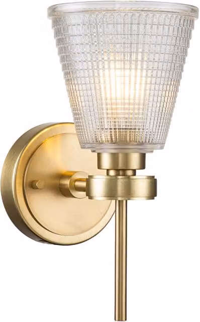 Applique da bagno Elstead Gunnislake in ottone spazzolato con vetro trasparente e tecnologia LED G9