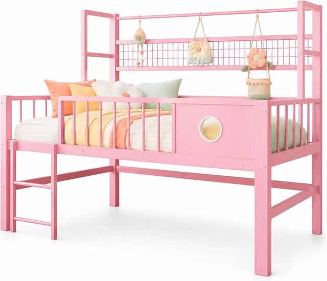 Letto a soppalco basso per bambini 90x200 cm con sponde; ripiano e appendiabiti in metallo rosa