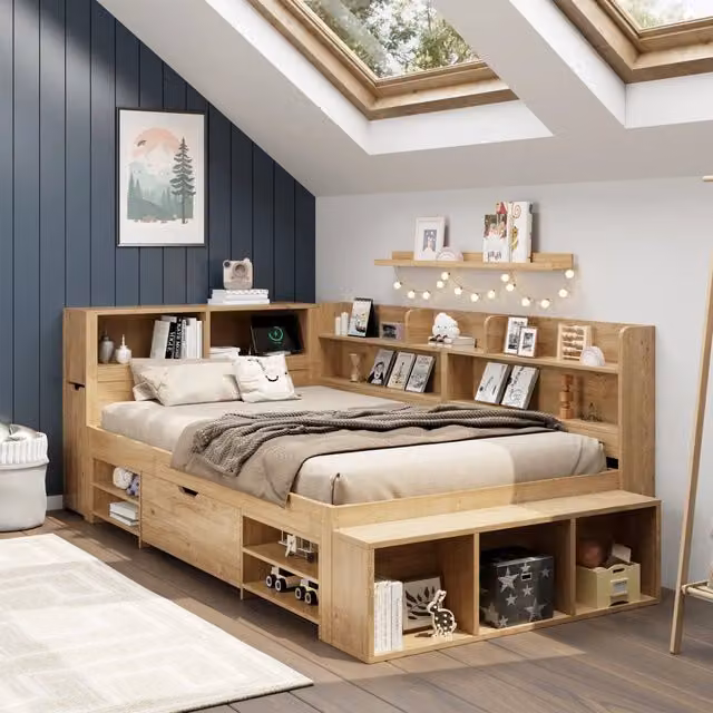 Letto singolo per bambini 90 × 200 cm con rete a doghe ripiani cassetto e armadi in compensato naturale