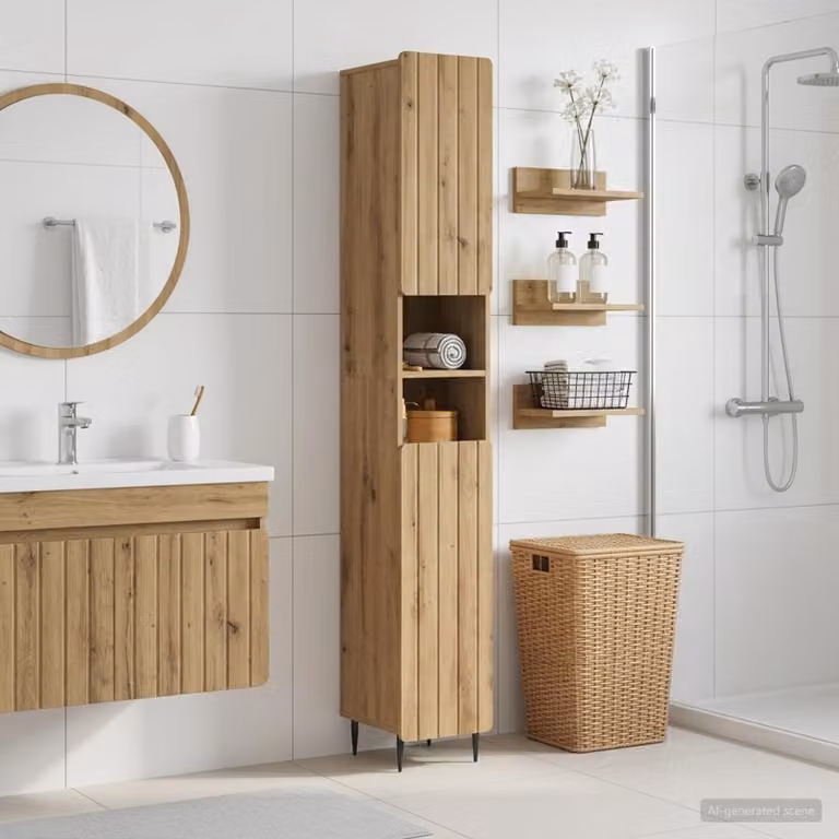 vidaXL Armadio da Bagno ZWOLLE Moderno in Rovere con Ripiani Interni e Ripiano Aperto, Marrone, L: 60 cm, P: 31 cm, H: 189,5 cm