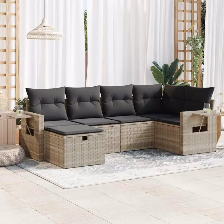 Set Divano da Giardino a L vidaXL in Polyrattan Grigio Chiaro con 6 Cuscini Imbottiti e Coperture Rimovibili