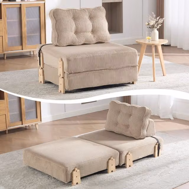 Divano letto singolo ¨C Minimal ¨C Tessuto corda kaki, gambe in legno