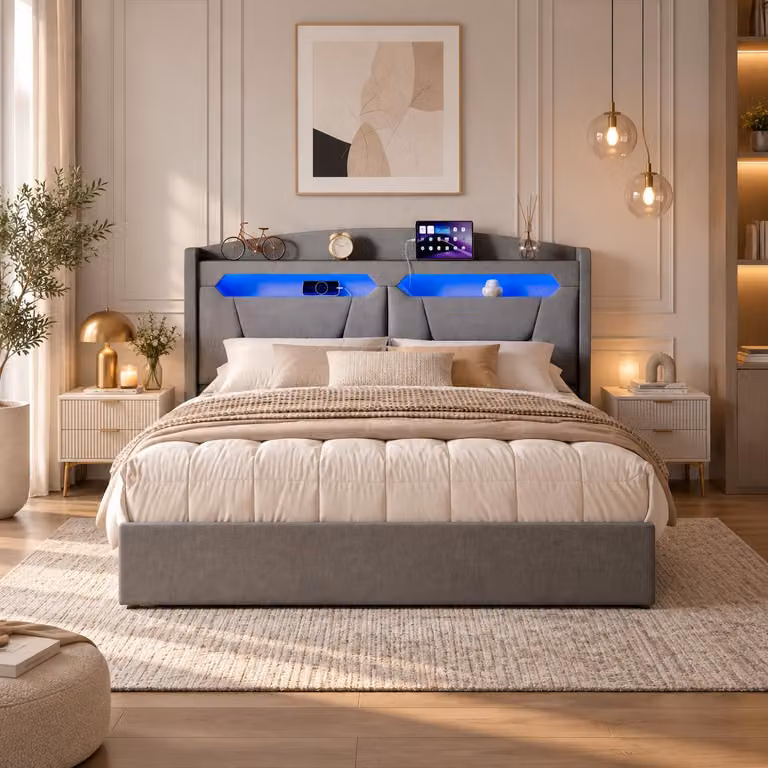 Letto imbottito INONEFT, 140x200 cm, con illuminazione LED, meccanismo a sollevamento idraulico per letto a due piazze con spazio contenitore, testiera e prese USB, letto per ragazzi, tessuto in lino, colore grigio chiaro