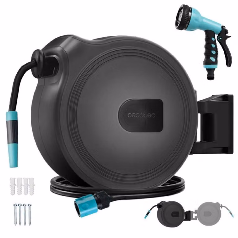 Avvolgitubo da 20 m. Tecnologia SlowReturn. Design portatile ed ergonomico. Include ugello semplice e pistola a spruzzo con 8 funzioni. Attacco universale 3 in 1.