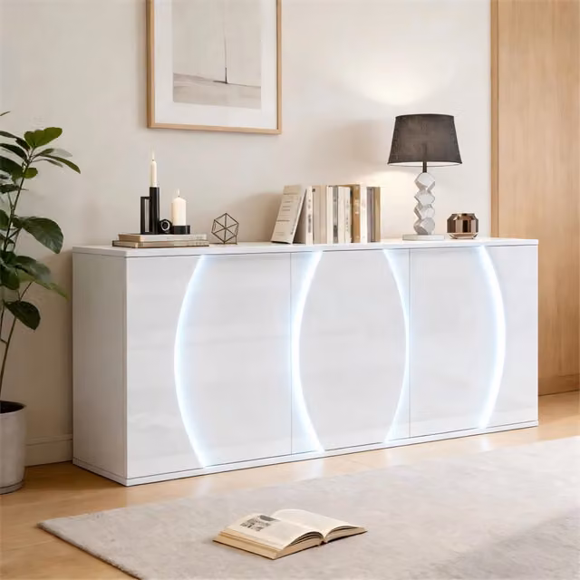 Desviae Madia autoportante con LED a tre ante in truciolato bianco con ripiani regolabili per soggiorno 150 × 40 × 70 cm