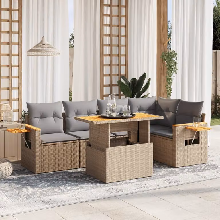 vidaXL Set Divano da Giardino 6 pz in Polyrattan con Cuscini Beige e Tavolino da Caffè Moderno