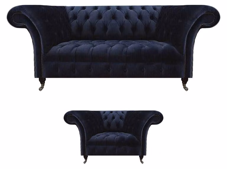 Dunkelblaue Chesterfield Wohnzimmer Garnitur Lehnsessel 3-Sitzer 2tlg